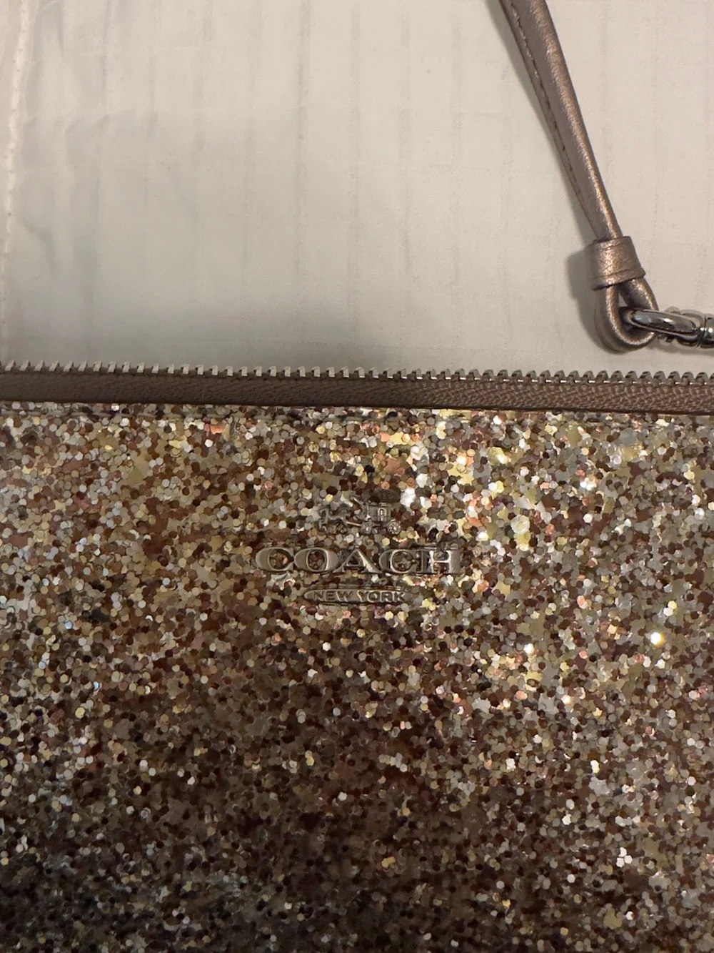 Coach Glitter Zip Wristlet in Gold Tone